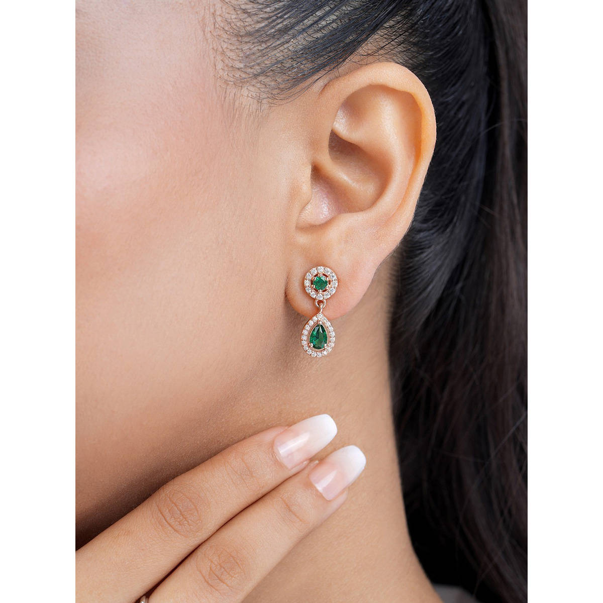 Zavya Green Drop Rose Gold Plated 925 Sterling Silver Earrings
