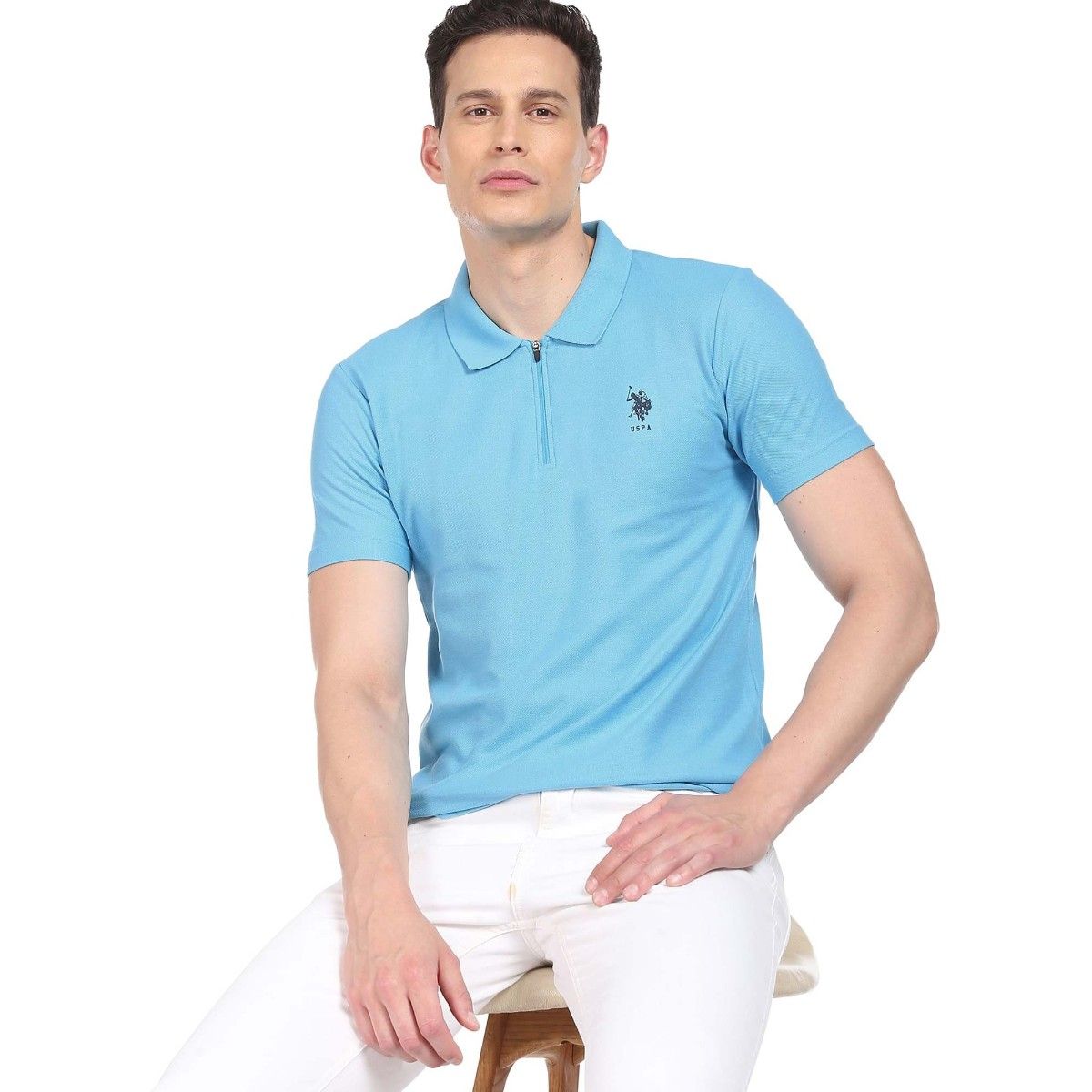 Buy U.S. POLO ASSN. Men Aqua Solid Zip Placket Polo T-Shirt Online
