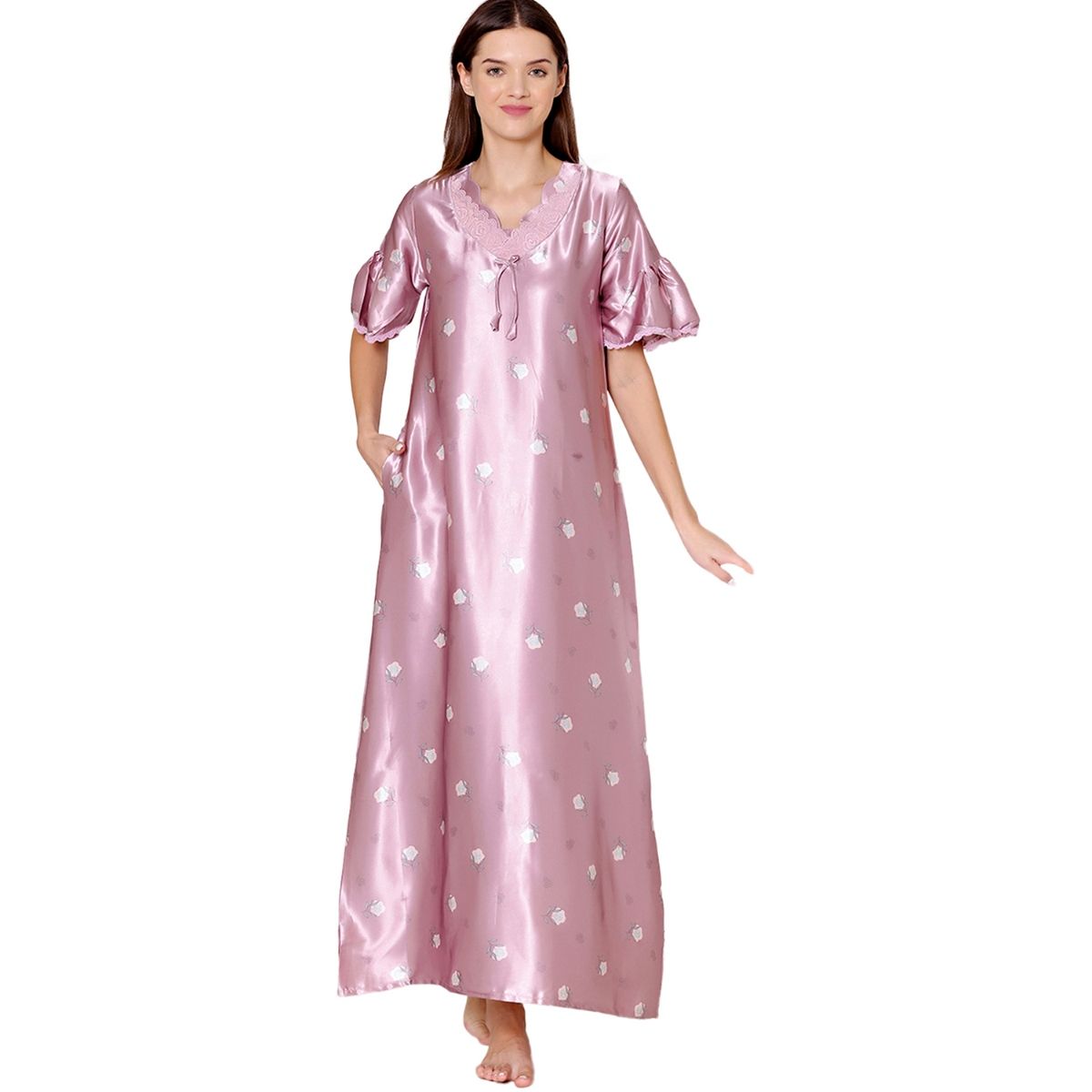 Buy Bodycare Womens Satin V Neck Printed Long Night Dress