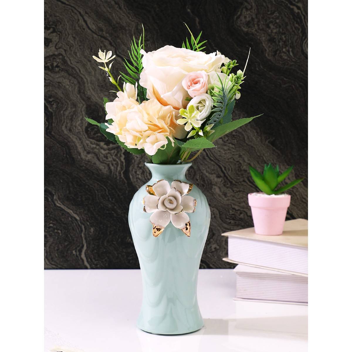 Buy Tayhaa Pink & Green 2 Pieces Rose Artificial Flower Online
