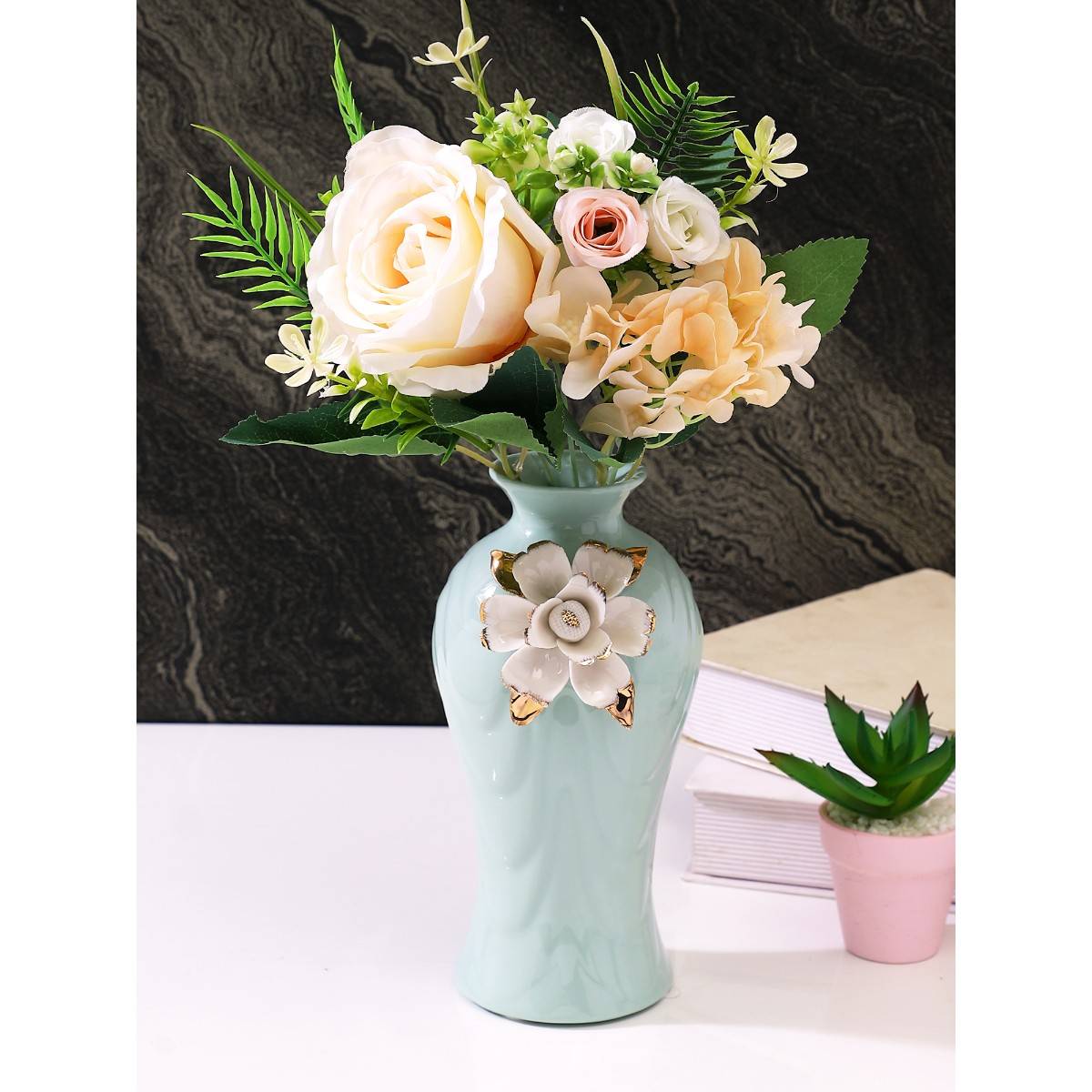 Buy Tayhaa Pink & Green 2 Pieces Rose Artificial Flower Online