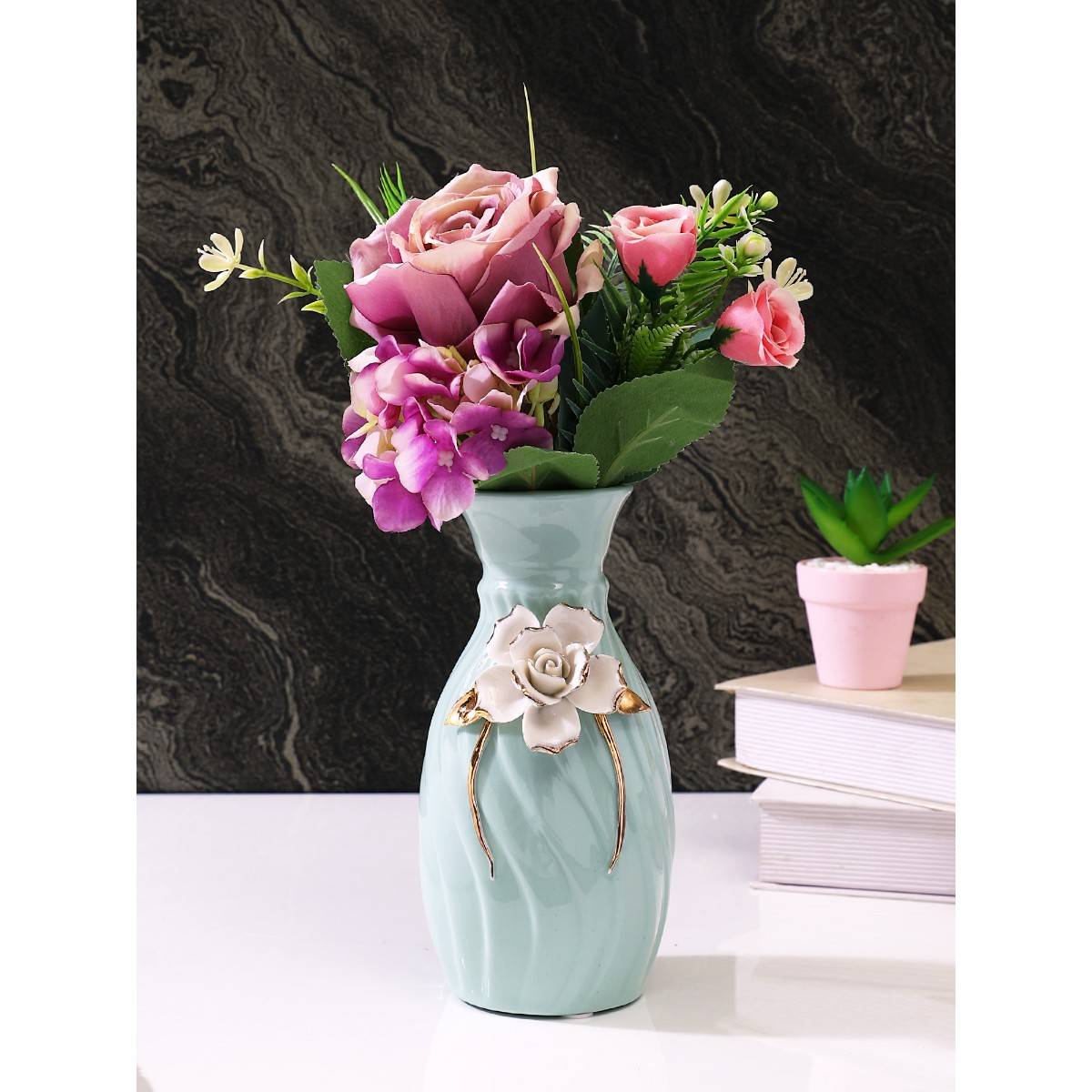 Buy Tayhaa Purple & Green 2 Pieces Rose Artificial Flower Online