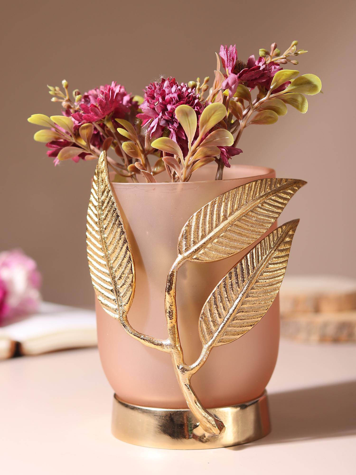 De Maison Decor Versa leaf Glass Vase And Candle Holder In Peach & Gold