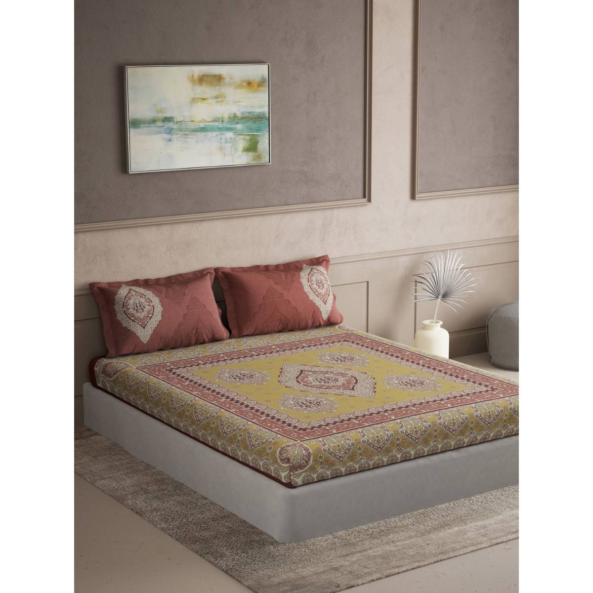 Ddecor Live Beautiful Cotton Ethnic Yellow 145Tc Bedsheet with 4 Pillow Covers (King)