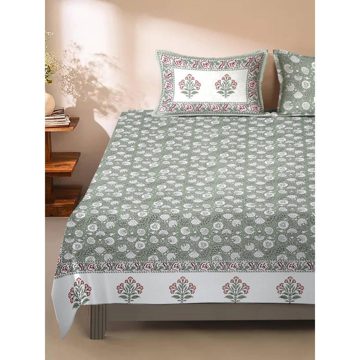 Eyda Ethnic Printed Grey Bedsheet with 2 Pillow Covers (King)