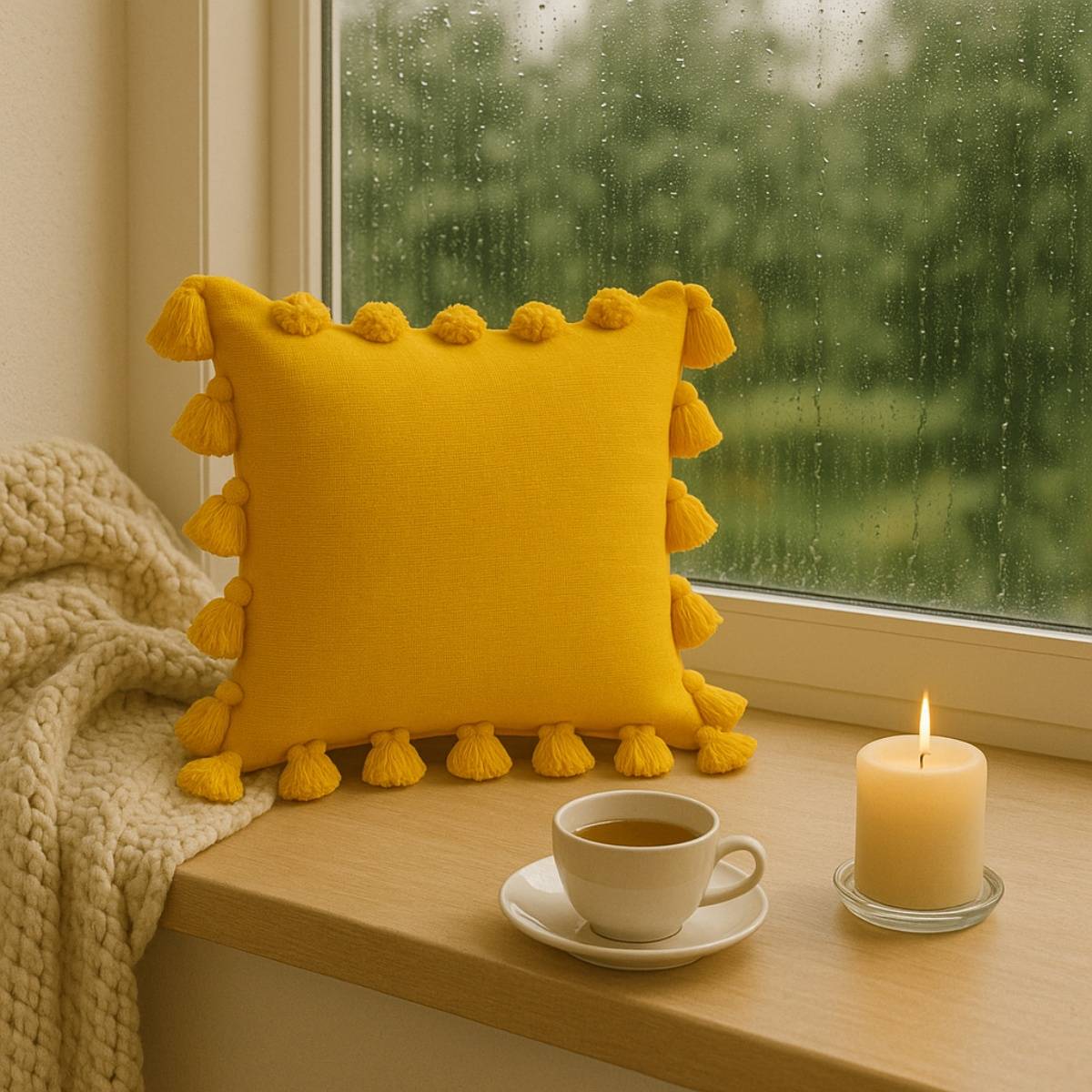 THROW PILLOW Vibrant Yellow Cushion Cover with Handmade Tassels (16X16 Inches)