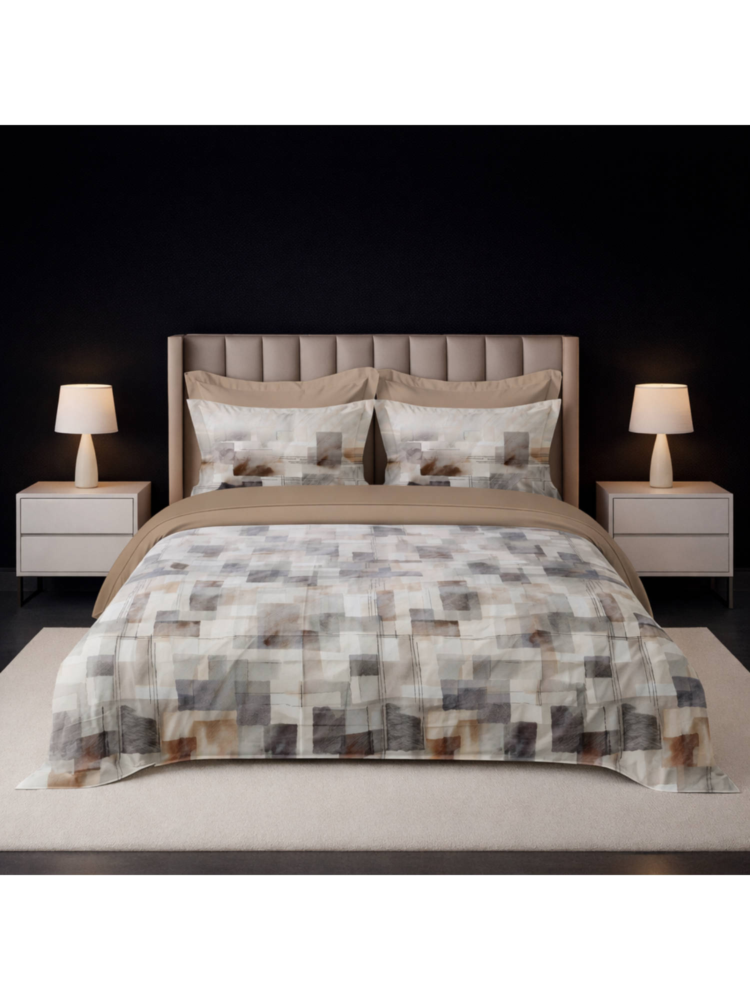LANE LINEN Beige Pixel Digitally Printed Cotton Bedsheet with 2 Pillow Covers (King)