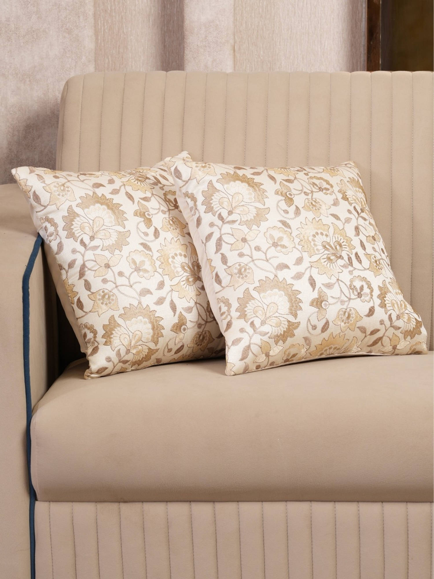 HOME 360 Beige Ornate Floral Cushion Covers (Pack of 2) (16x16 Inches)