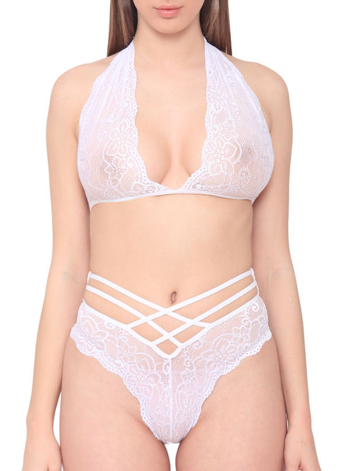 N-Gal Women'S Sheer Floral Lace Underwear Halter Bra Strappy Panty Set -  White (S)