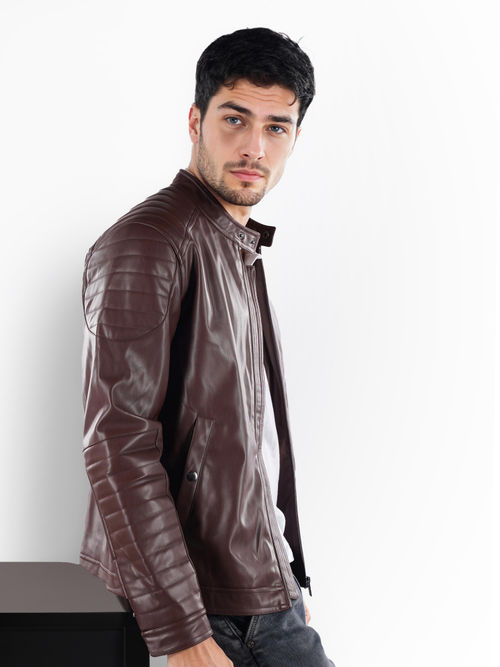 Buy CELIO Men Brown Solid Regular Fit Polyamide Biker Jacket Online