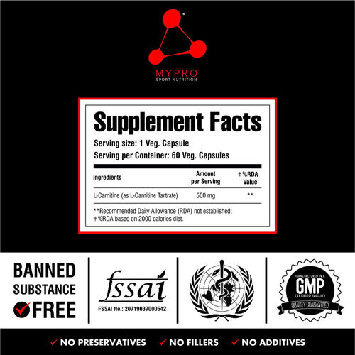 Buy MYPRO SPORT NUTRITION L-Carnitine , L-Tartrate 500mg Veg Capsules Online