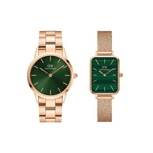 Daniel Wellington Couple Watch Gift Set Iconic Link Emerald RG 36mm  Quadro Pressed Melrose 20x26mm