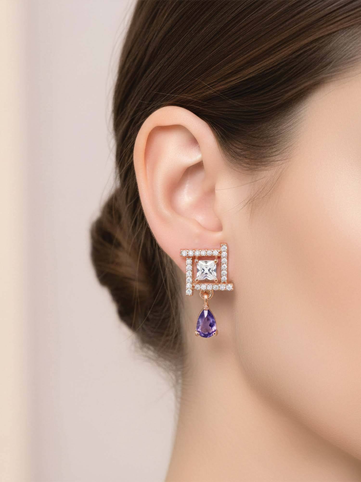 I Jewels Rose Gold Plated Purple Ad Studded Drop Earrings for Women