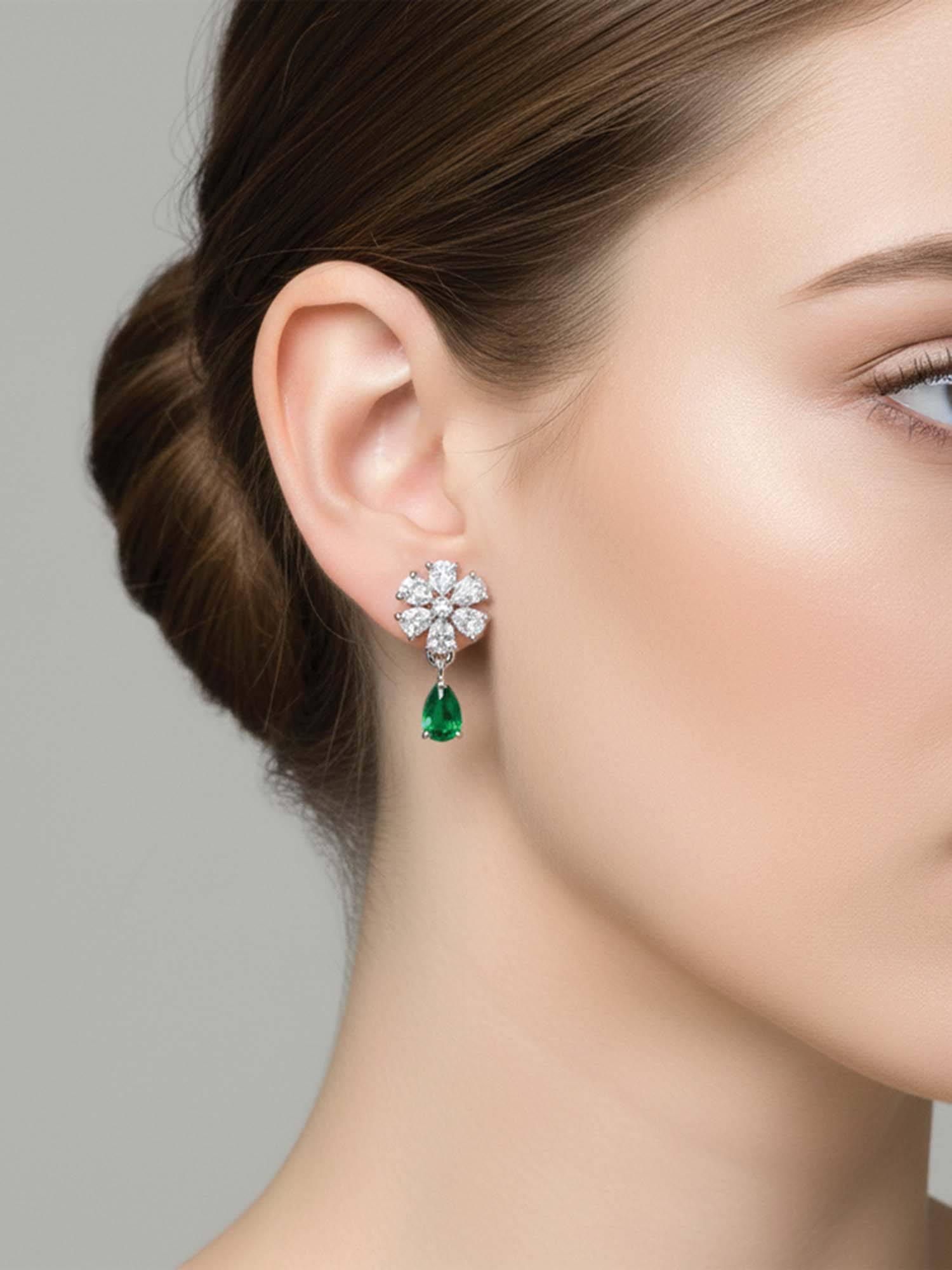 I Jewels Silver Plated Green Ad Studded Floral Drop Earrings for Women