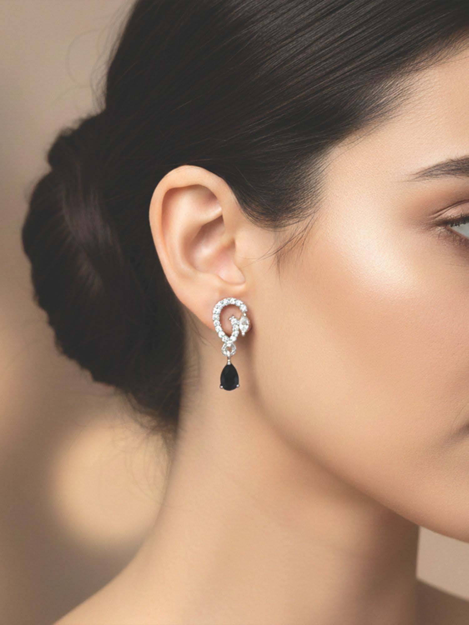 I Jewels Silver Plated Black Ad Studded Drop Earrings for Women