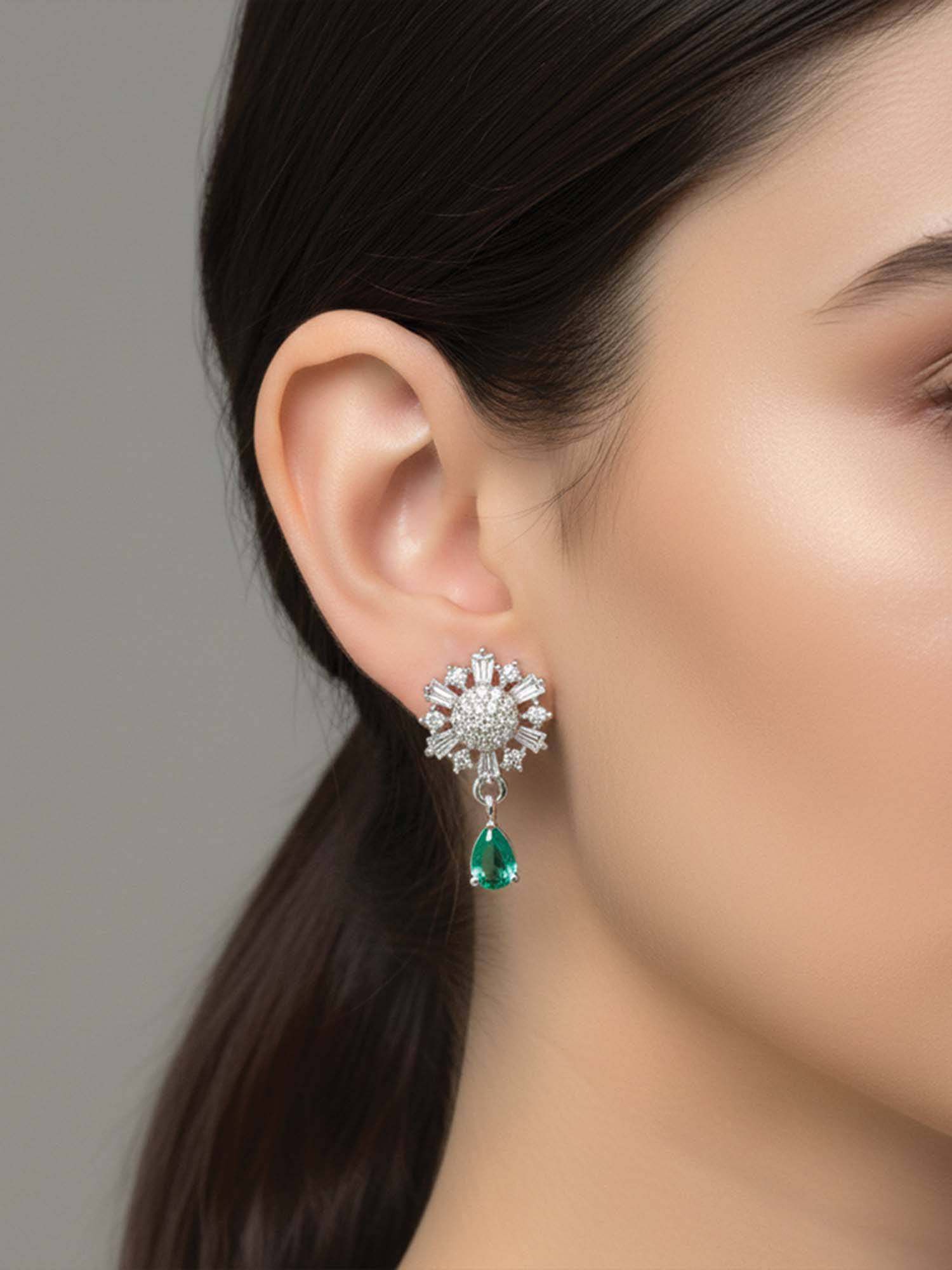 I Jewels Silver Plated Mint Ad Studded Drop Earrings for Women