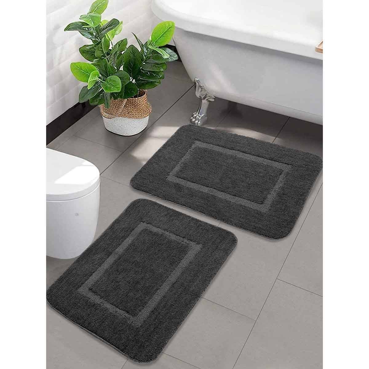 Saral Home Dark Grey Good Morning Micro Soft & Antiskid Mats (Pack Of 2)