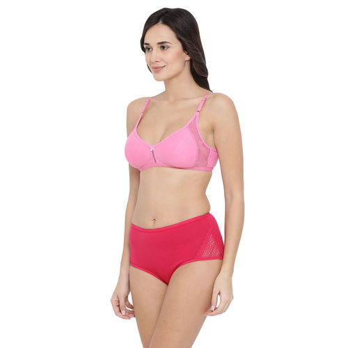 Buy Clovia Cotton Rich Non-Padded Non-Wired T-Shirt Bra & Mid Waist Hipster  Panty - Pink online