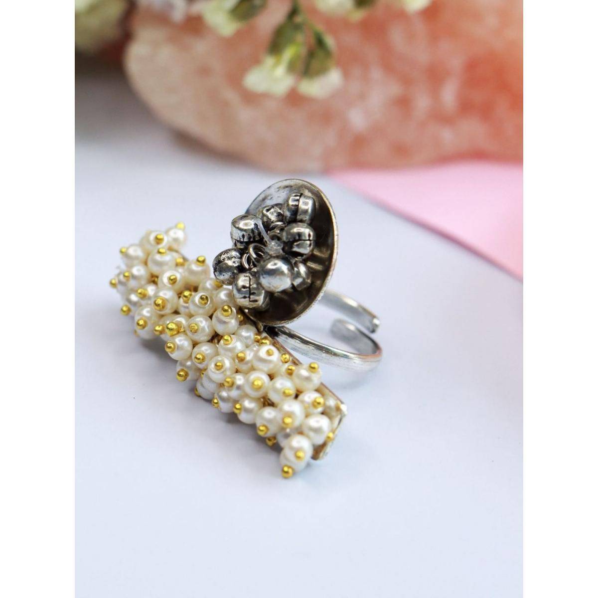 I Jewels Ethnic Silver Oxidised Adjustable Brass Ring Embellished with Ghungroo & Pearl