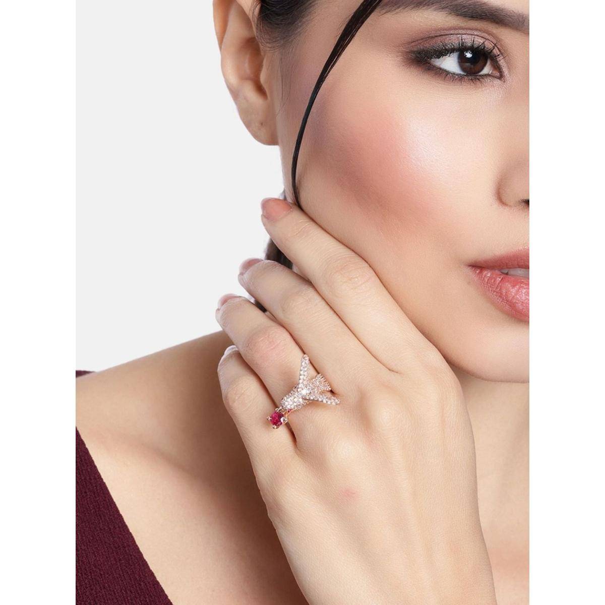 I Jewels Rose Gold Plated Elegant Crystal CZ American Diamond Sparkling Adjustable Birds Ring