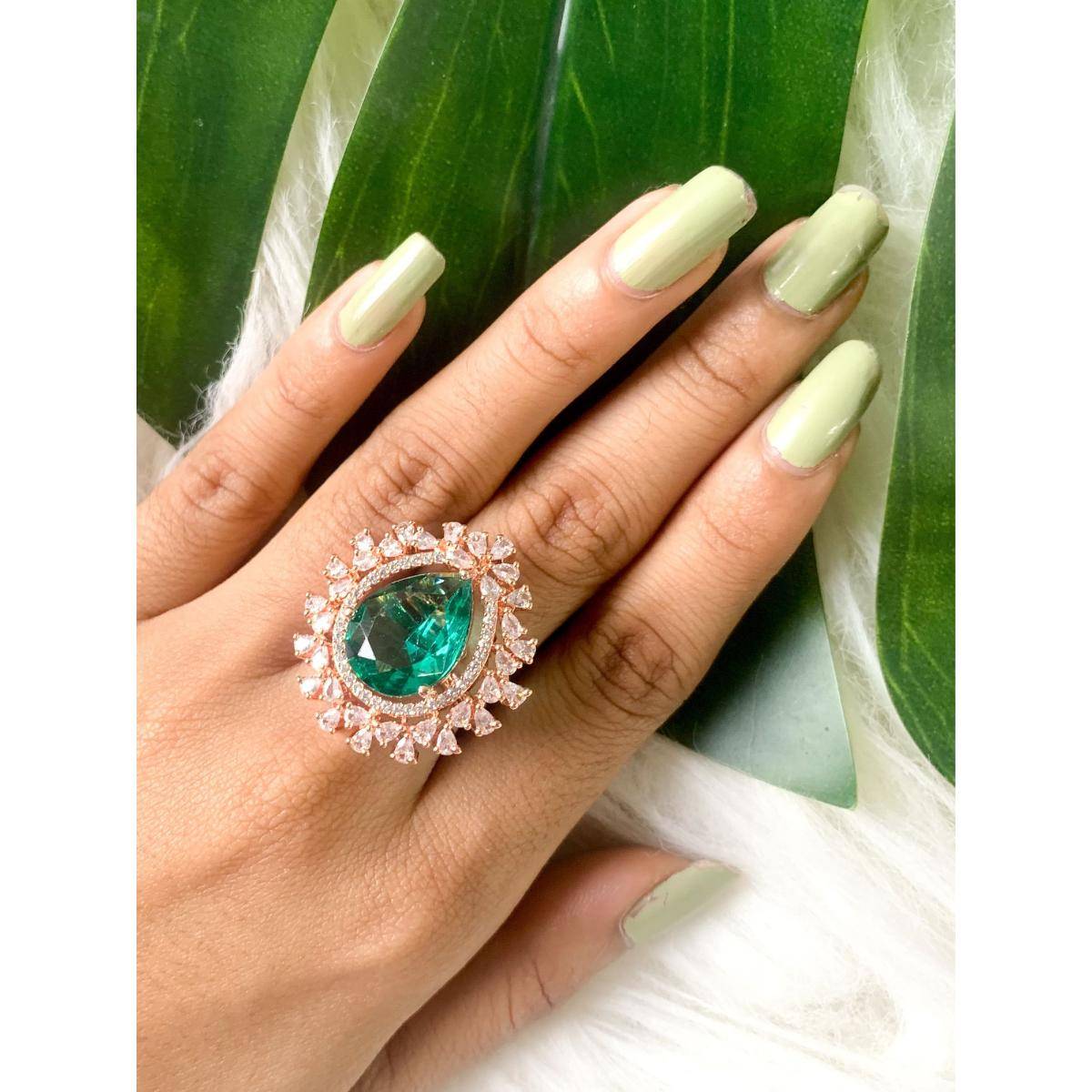 I Jewels Rose Classic Teardrop Pear Shaped CZ American Diamonds Adjustable Rings