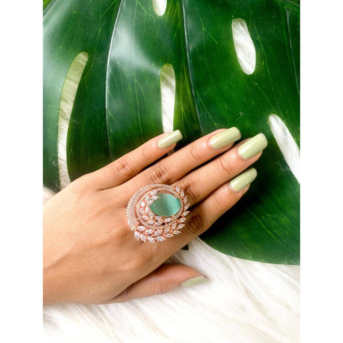 I Jewels Rose Stylish Latest Fashion Dazzling Stone Cubic Zirconia ; Brass Adjustable Ring