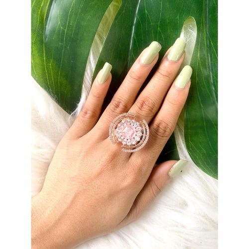 I Jewels Rose Stylish Latest Fashion Blue Stone Dazzling Cubic Zirconia  Brass Adjustable Ring