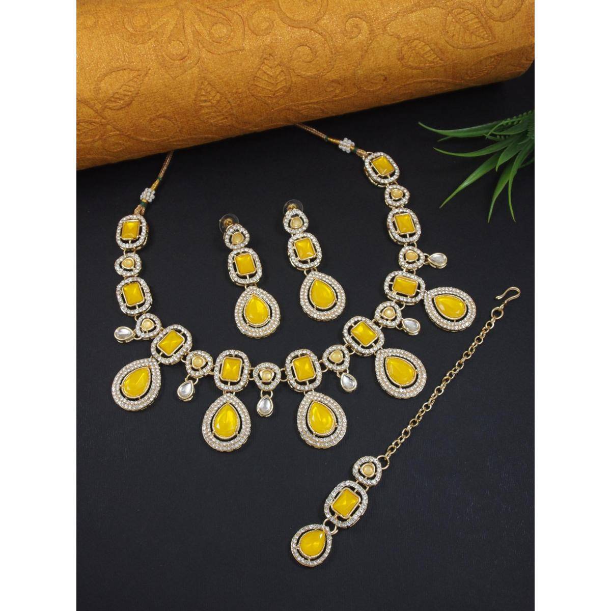 I Jewels Gold Plated Traditional Kundan & Stone Necklace Jewellery With Earrings & Maang Tikka