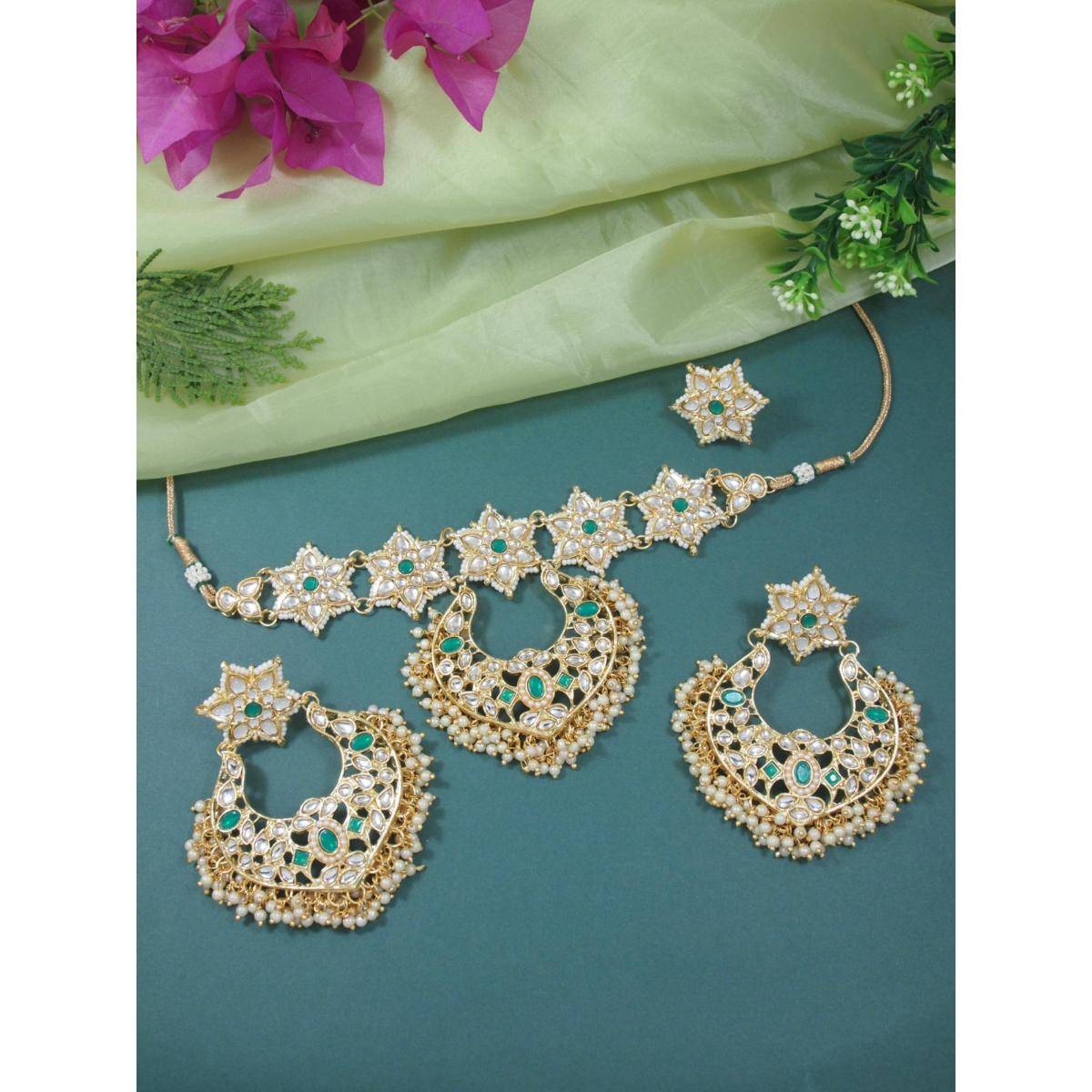I Jewels Gold Plated Traditional Stone Handcrafted Pearl Hanging Floral Necklace Jewellery