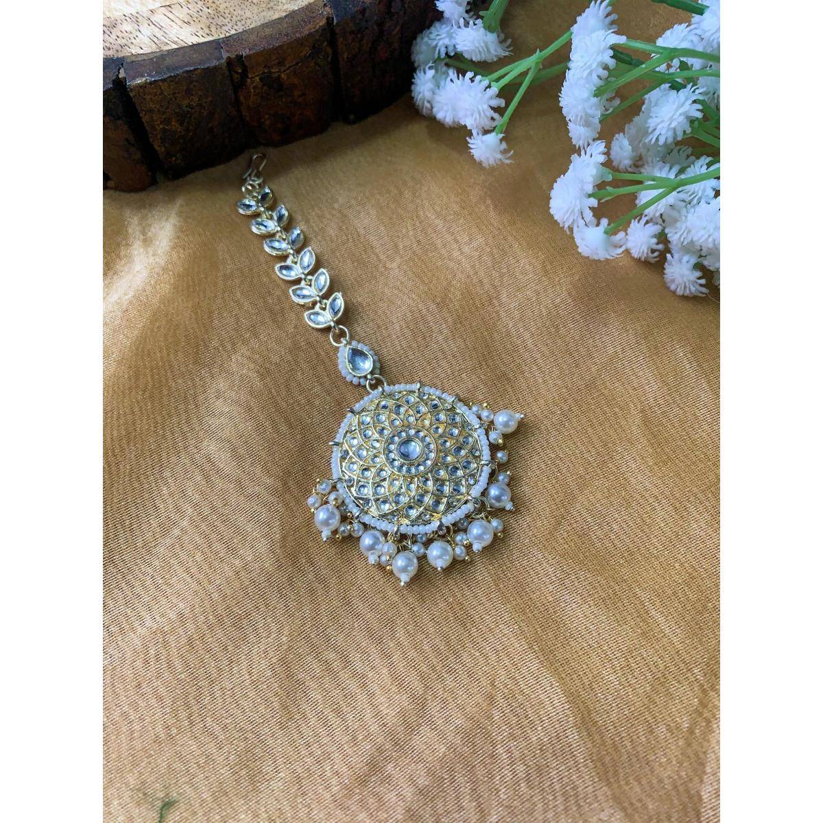 I Jewels Gold Plated Traditional Kundan & Pearl Handcrafted Maang Tikka