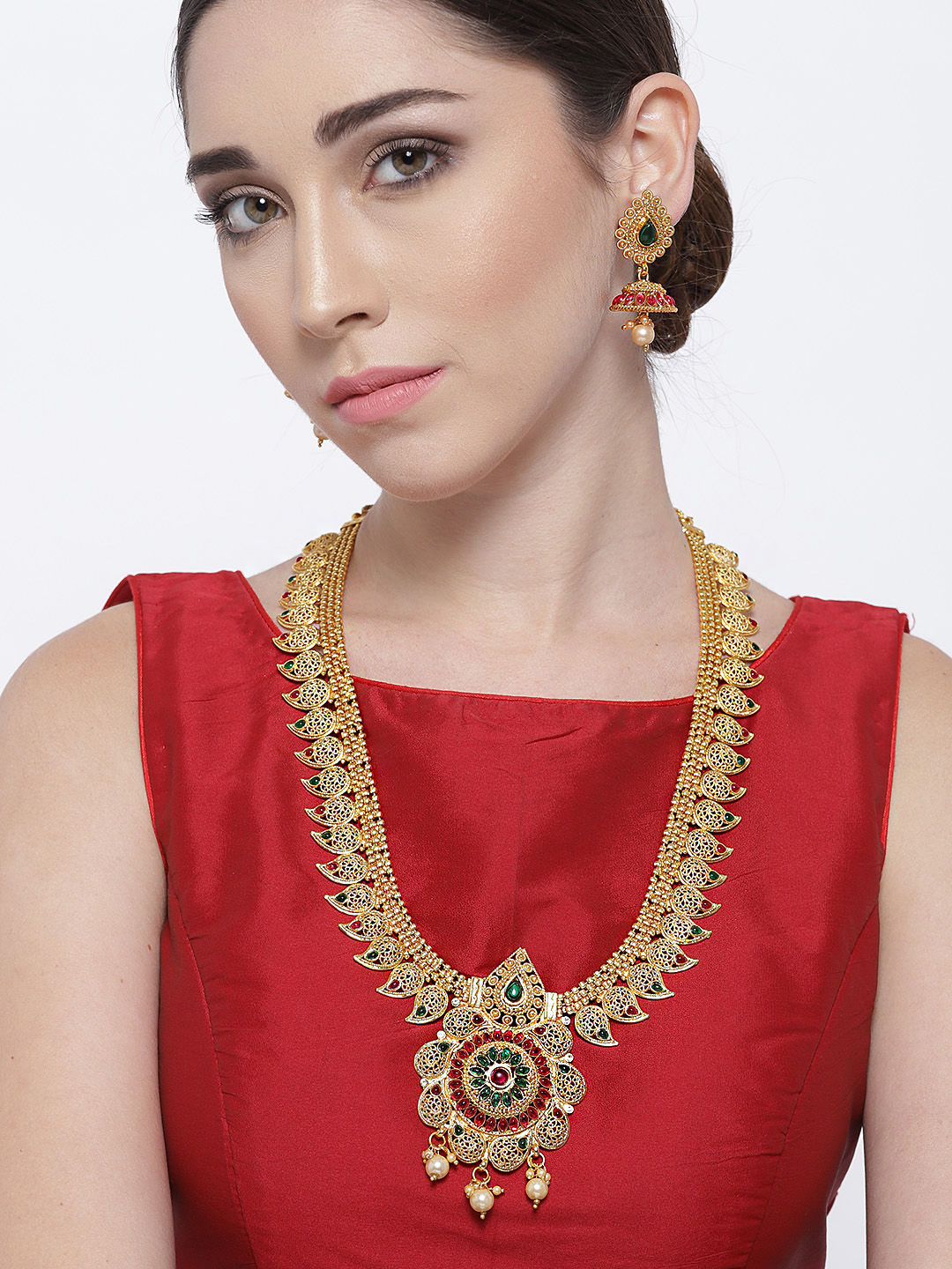 Youbella Green & Red Gold-Plated Stone Studded Textured Jewellery Set