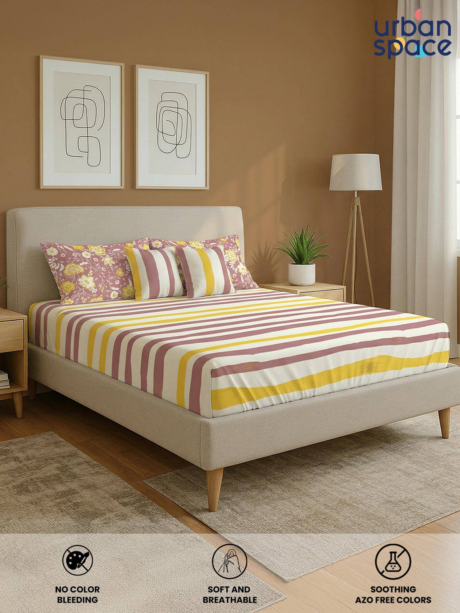 Urban Space Cotton Double Bedsheet, 2 Pillow Covers & 2 Cushion Covers, Streak
