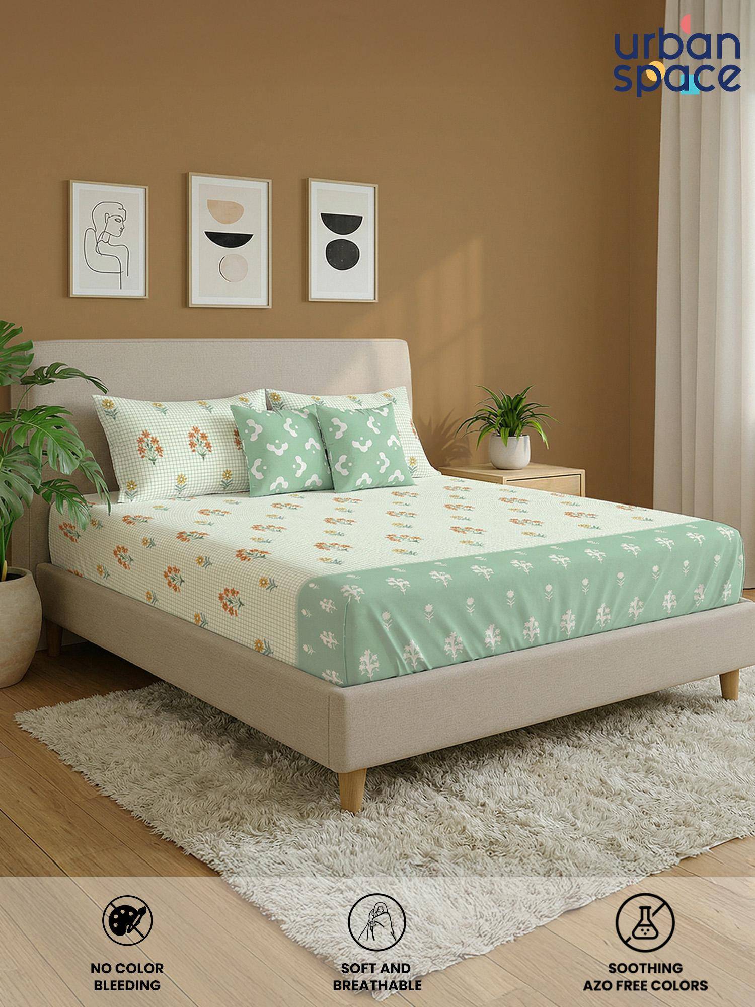 Urban Space Cotton Double Bedsheet, 2 Pillow Covers & 2 Cushion Covers, Sage
