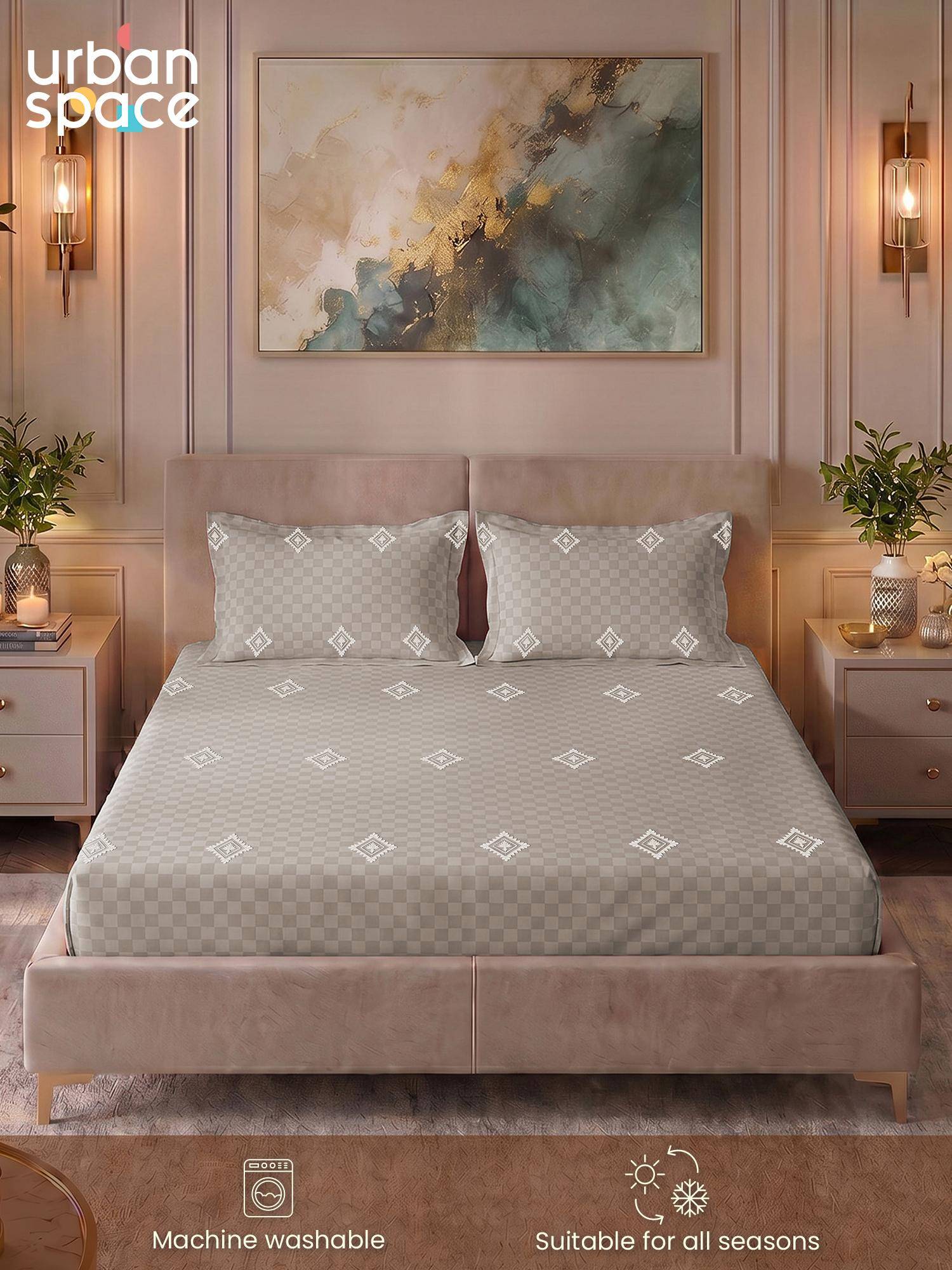 Urban Space Cotton 300 TC King Bedsheet with 2 Pillow Covers - Diamond Brown