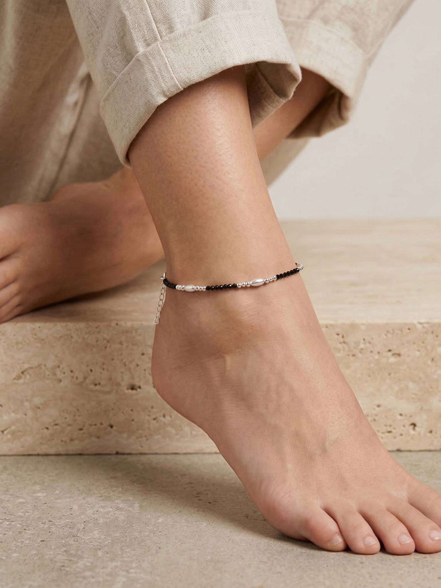 TOUCH925 Pure 925 Silver Beaded Oval Link Anklet for Women