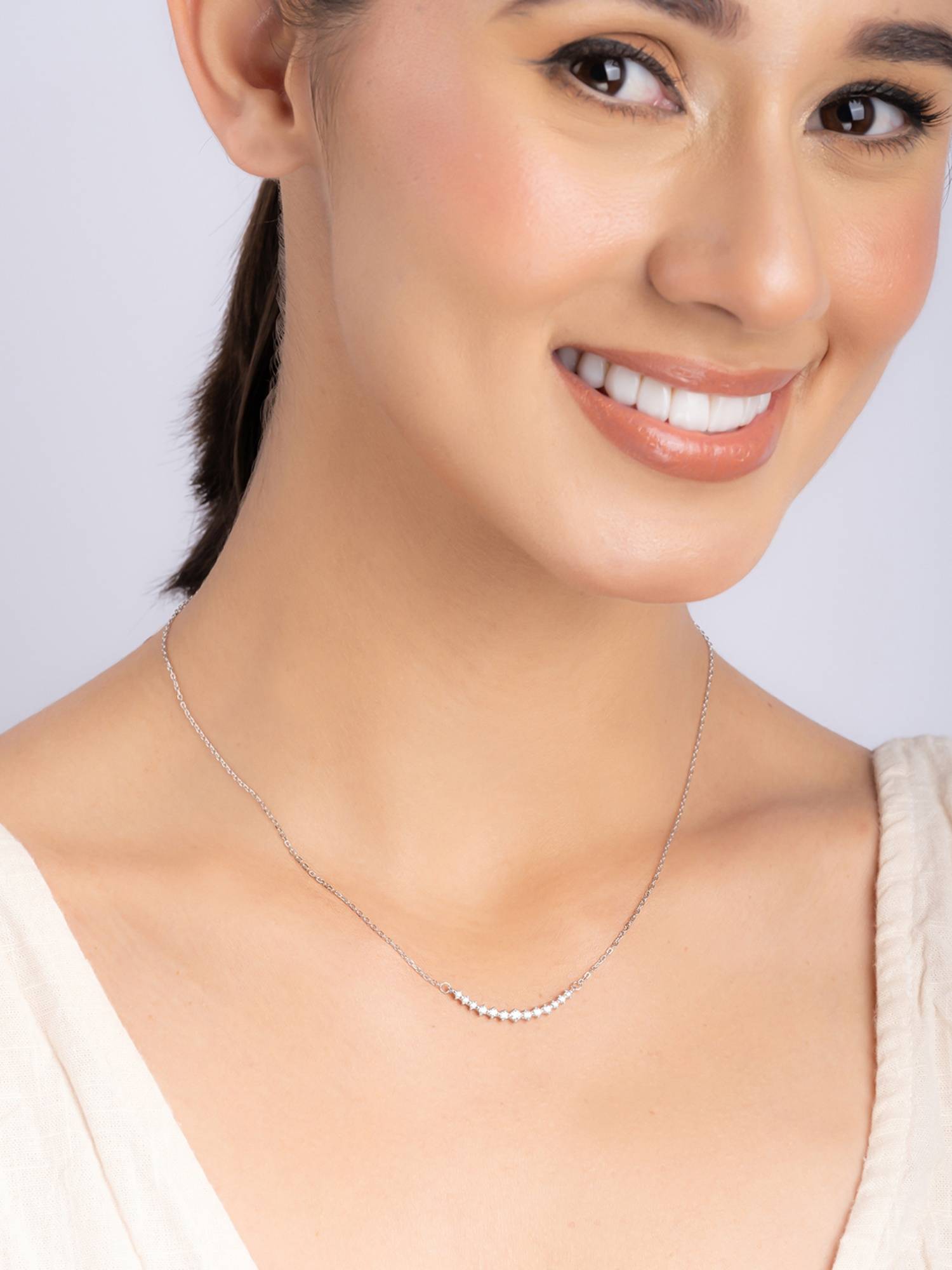 TOUCH925 Pure 925 Silver Curved Stone Bar Necklace for Women