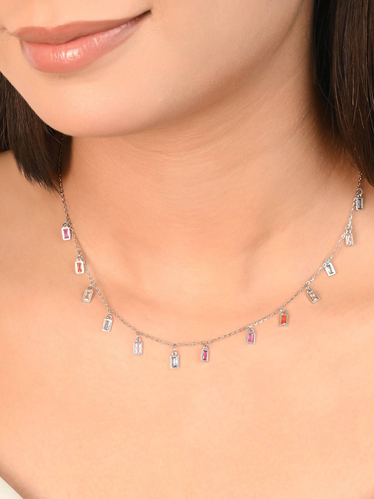 TOUCH925 Pure 925 Silver Baguette Drop Charm Necklace for Women