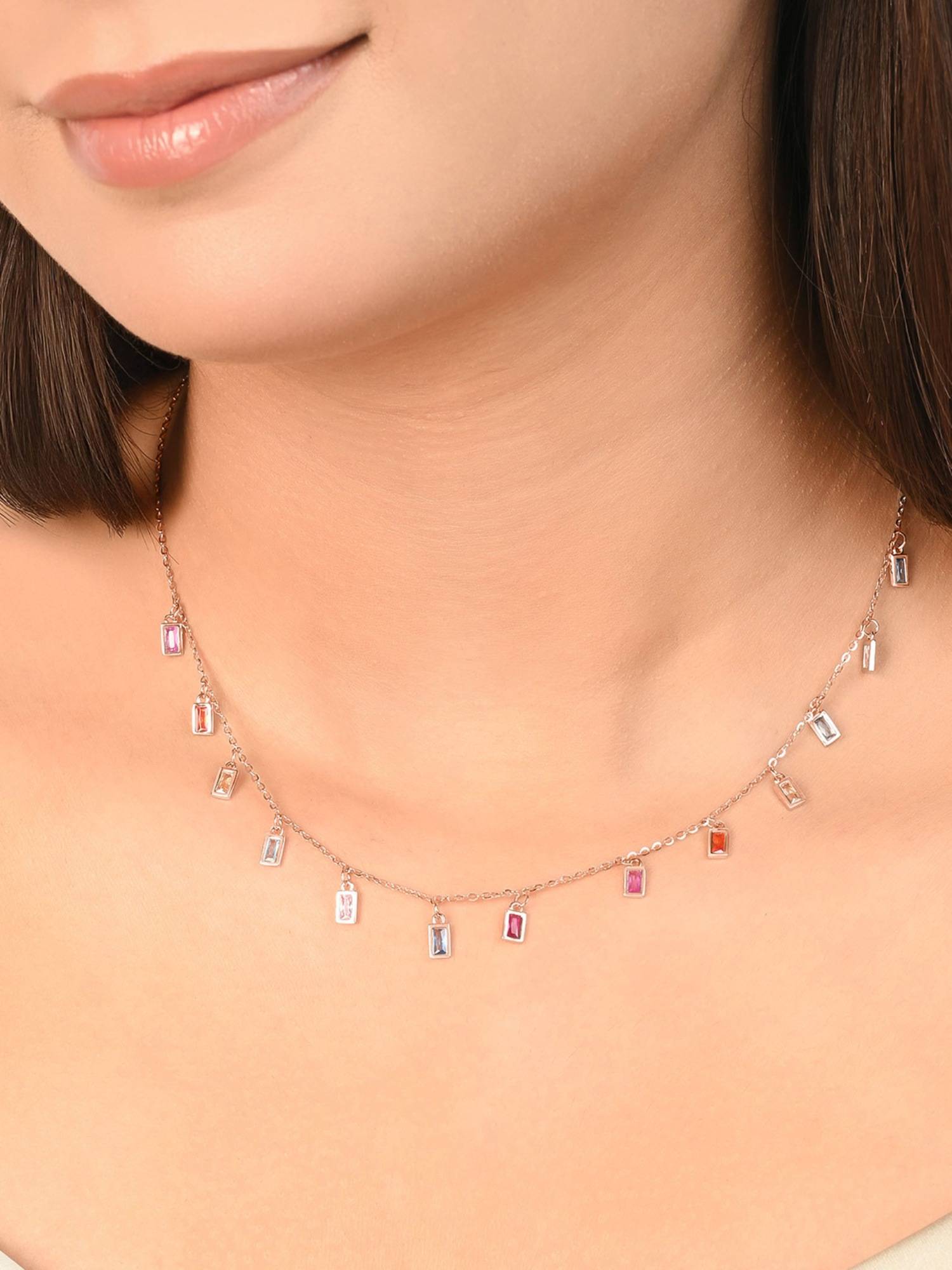 TOUCH925 Pure 925 Silver Baguette Drop Charm Necklace for Women