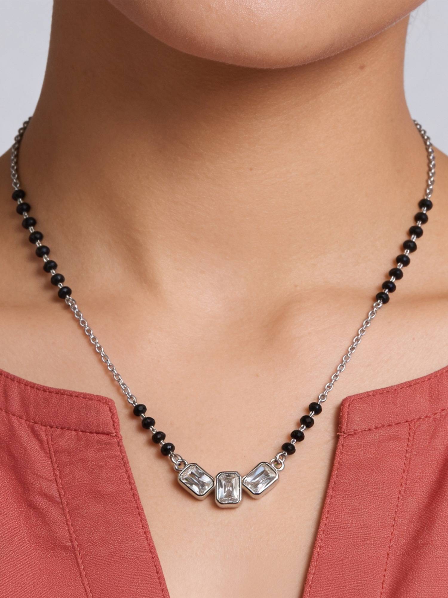 TOUCH925 Pure 925 Silver Triple Baguette Zircon Mangalsutra for Women