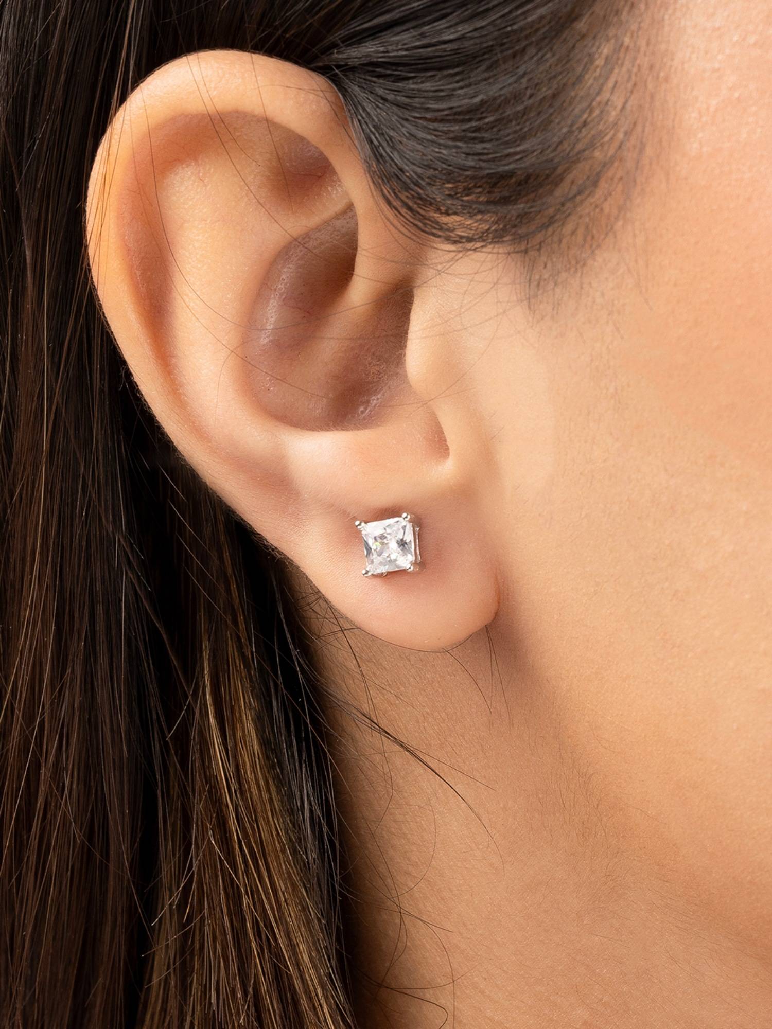 TOUCH925 Pure 925 Silver Square Single Stone Stud for Women