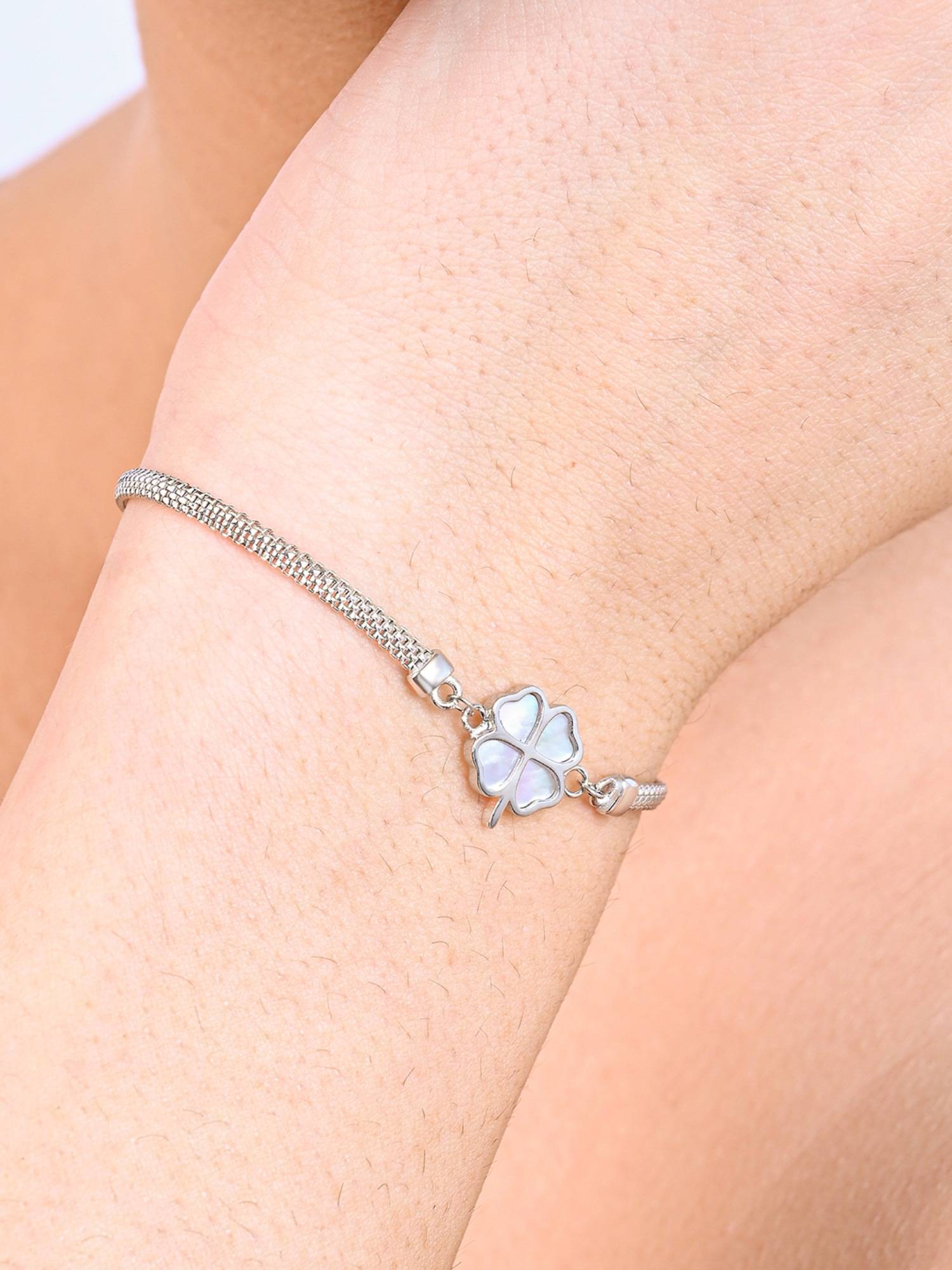 TOUCH925 Pure 925 Silver Four Leaf Clover Mesh Bracelet for Women