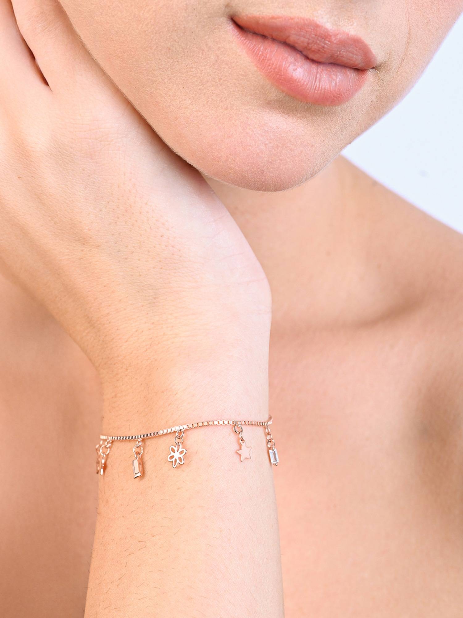 TOUCH925 Pure 925 Silver Dainty Toned Dangle Charm Bracelet for Women