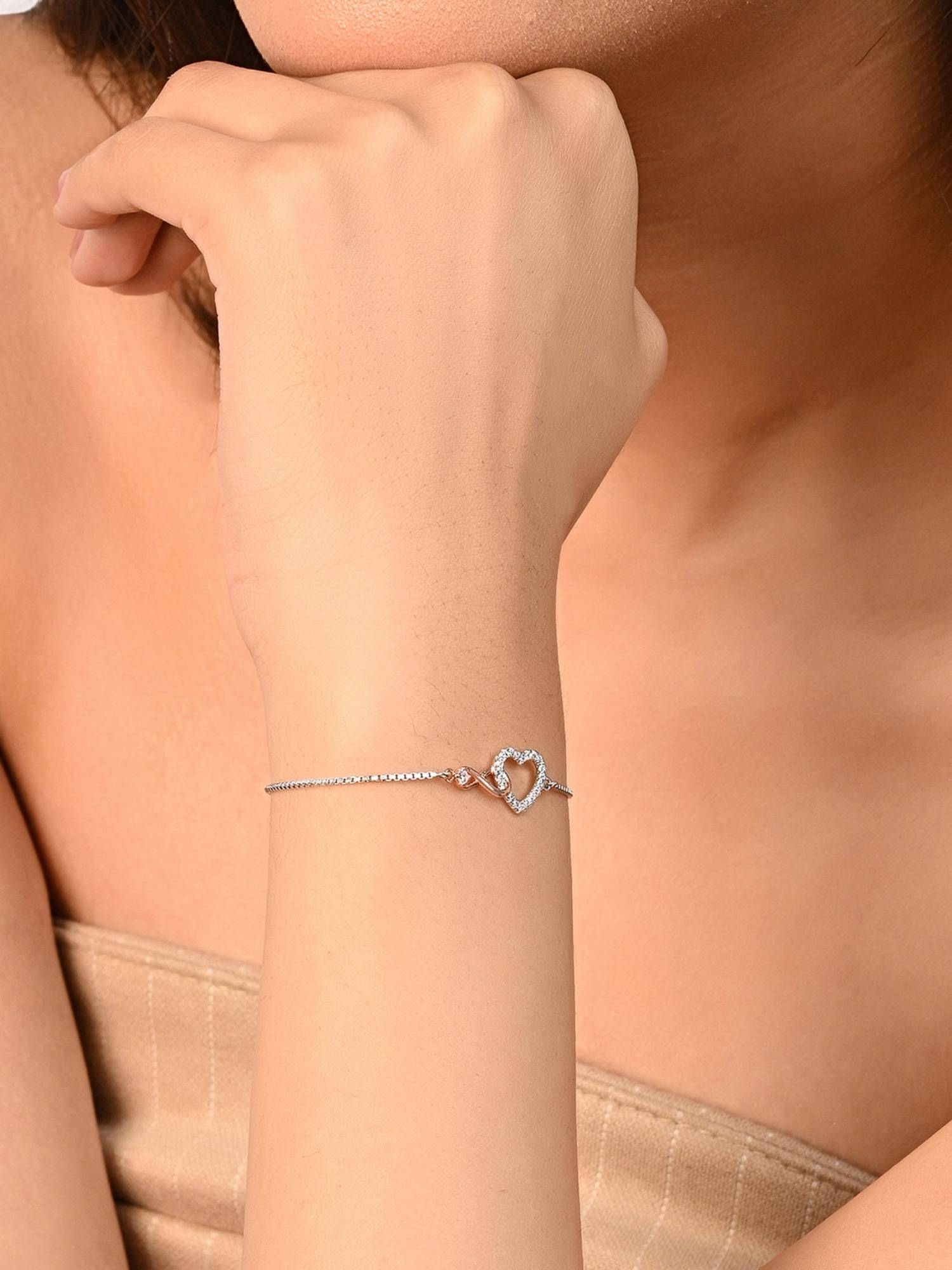 TOUCH925 Pure 925 Silver Infinity Heart Silver Chain Bracelet for Women
