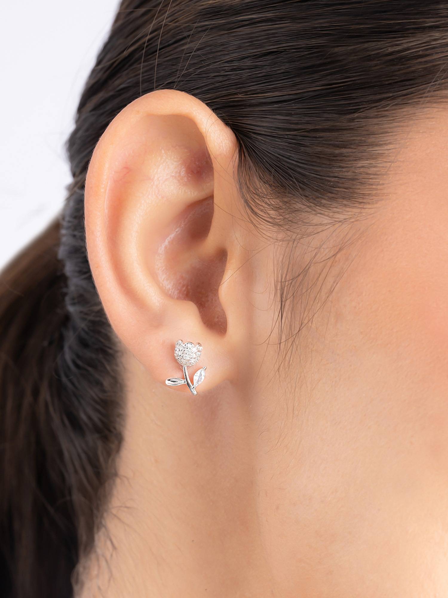 TOUCH925 Pure 925 Silver Floral Studs Cz Earrings for Women