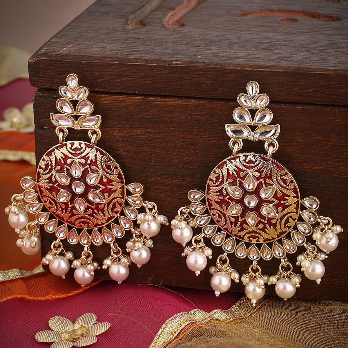Buy Gold Plated Pearl Beads Red Kundan Chandbali Earrings online from Karat  Cart