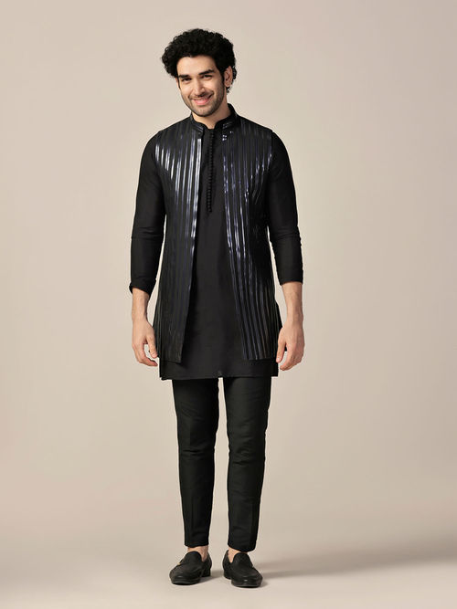 Buy KISAH Men Navy Blue Tape Work Embellishment, Open Jacket