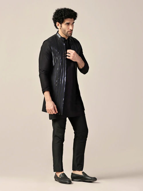 Buy KISAH Men Navy Blue Tape Work Embellishment, Open Jacket