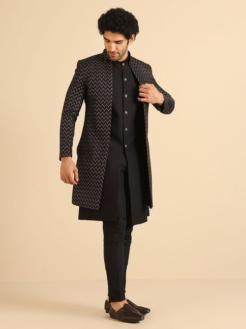 KISAH Men Black Jacket and Sherwani with Pant (Set of 3) (S)