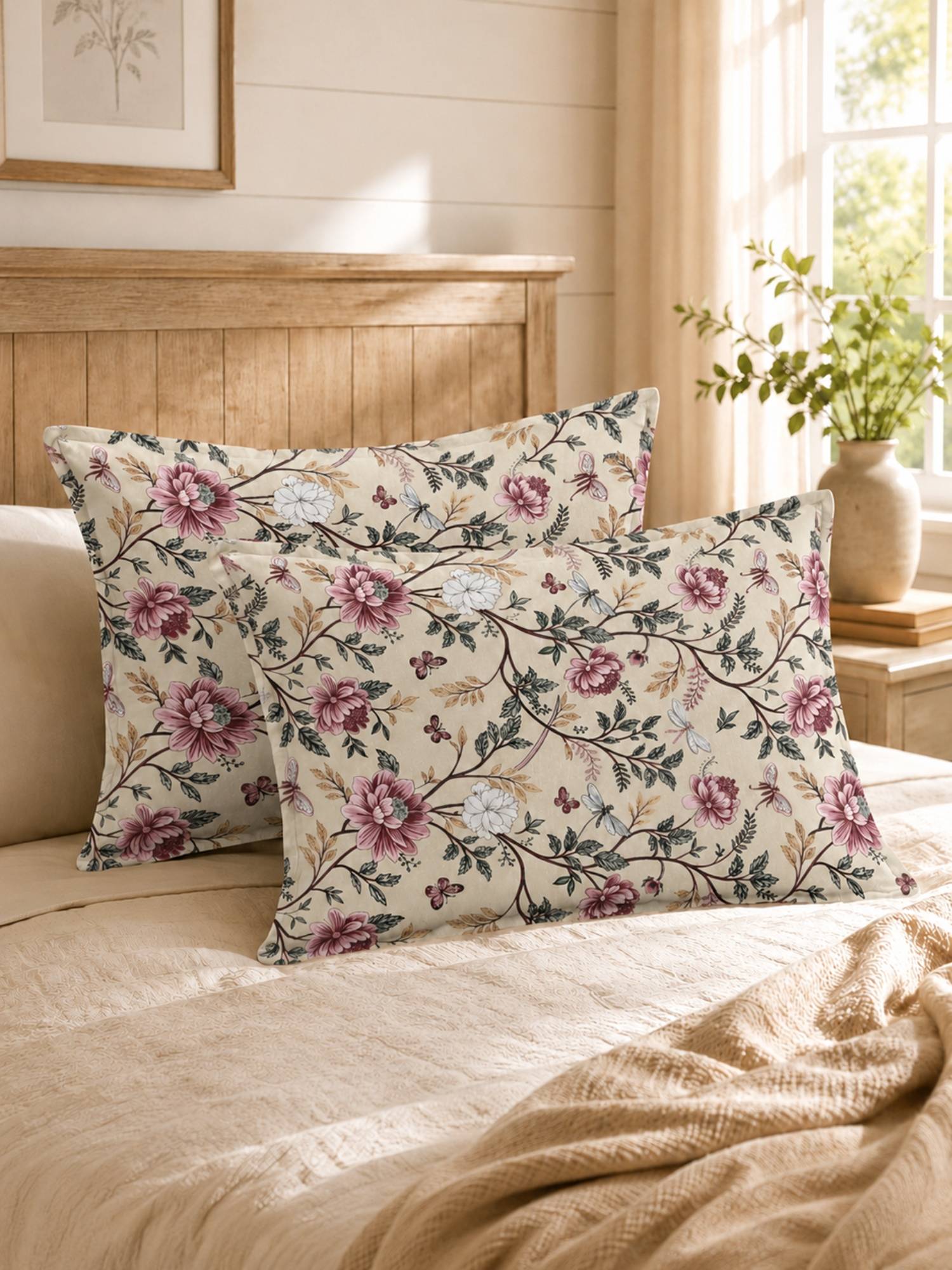 The Home Story 100% Cotton Pillow Covers (Pack of 2) - Mauve Vine