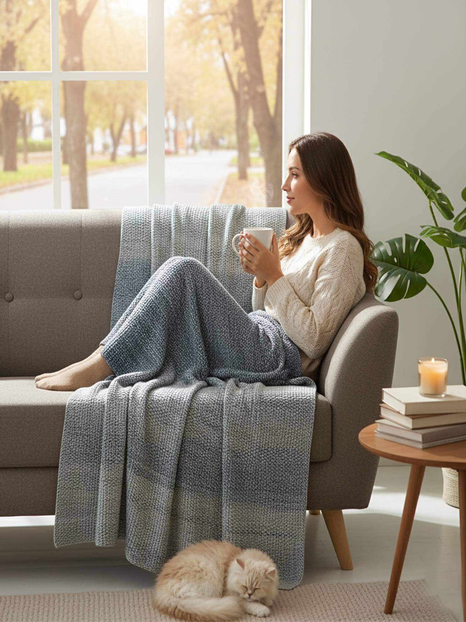 PLUCHI Gradient Bliss Cotton Knitted All-Season Throws , Blue & Natural